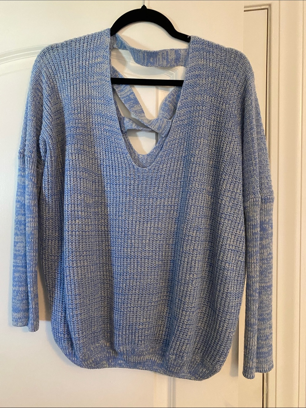 Umgee Powder Blue V-Neck Knit Sweater with Crisscross Back